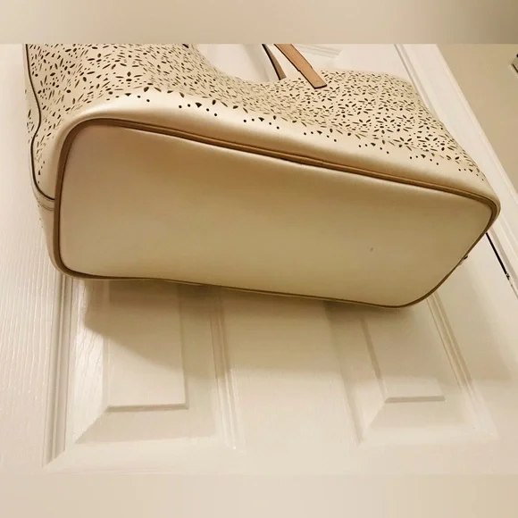 #006. COACH Metro Eyelet Perforated Tote - metallic cream & tan leather handles